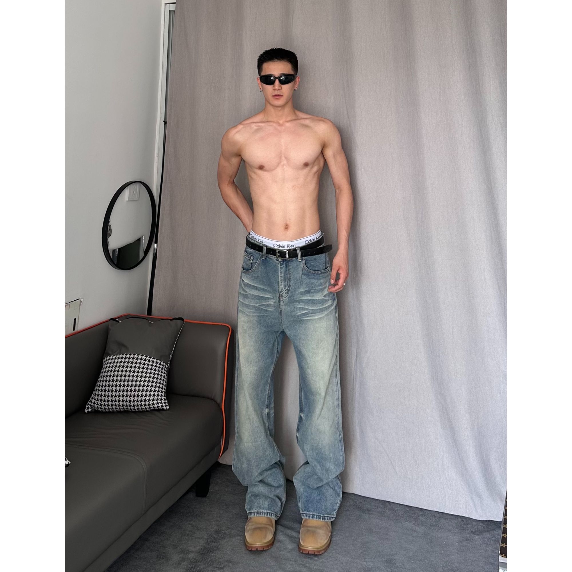 美式休闲cleanfit水洗复古蓝宽松直筒牛仔裤百搭潮流男女休闲裤