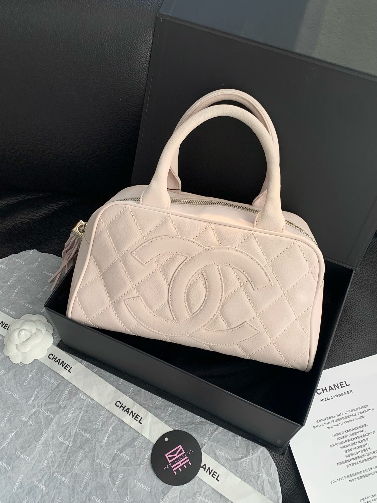 95新 Chanel/香奈儿 樱花粉mini流苏保龄球包 13112035