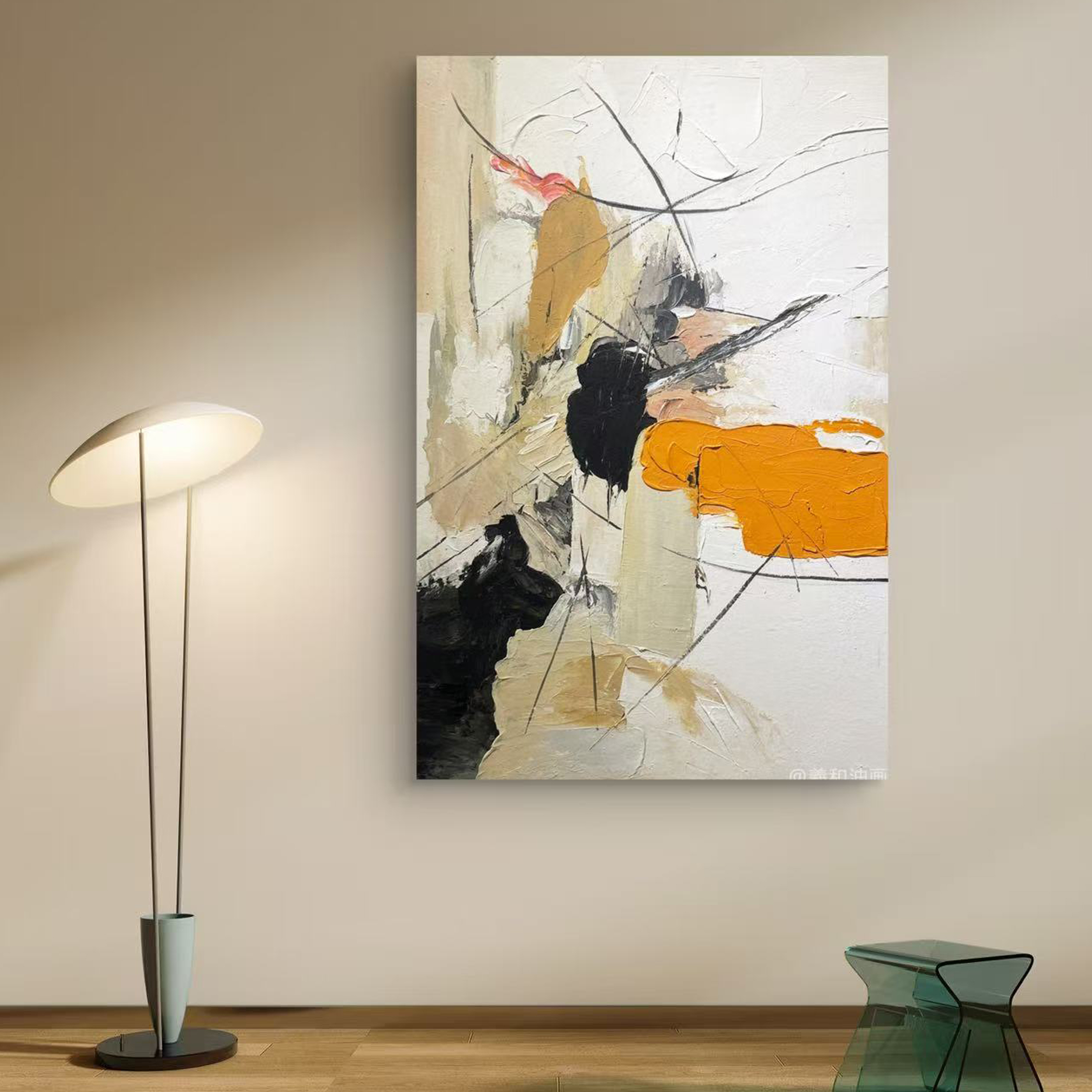 【遇见】手绘油画肌理抽象画客厅背景墙落地装饰及玄关挂画黑白橙