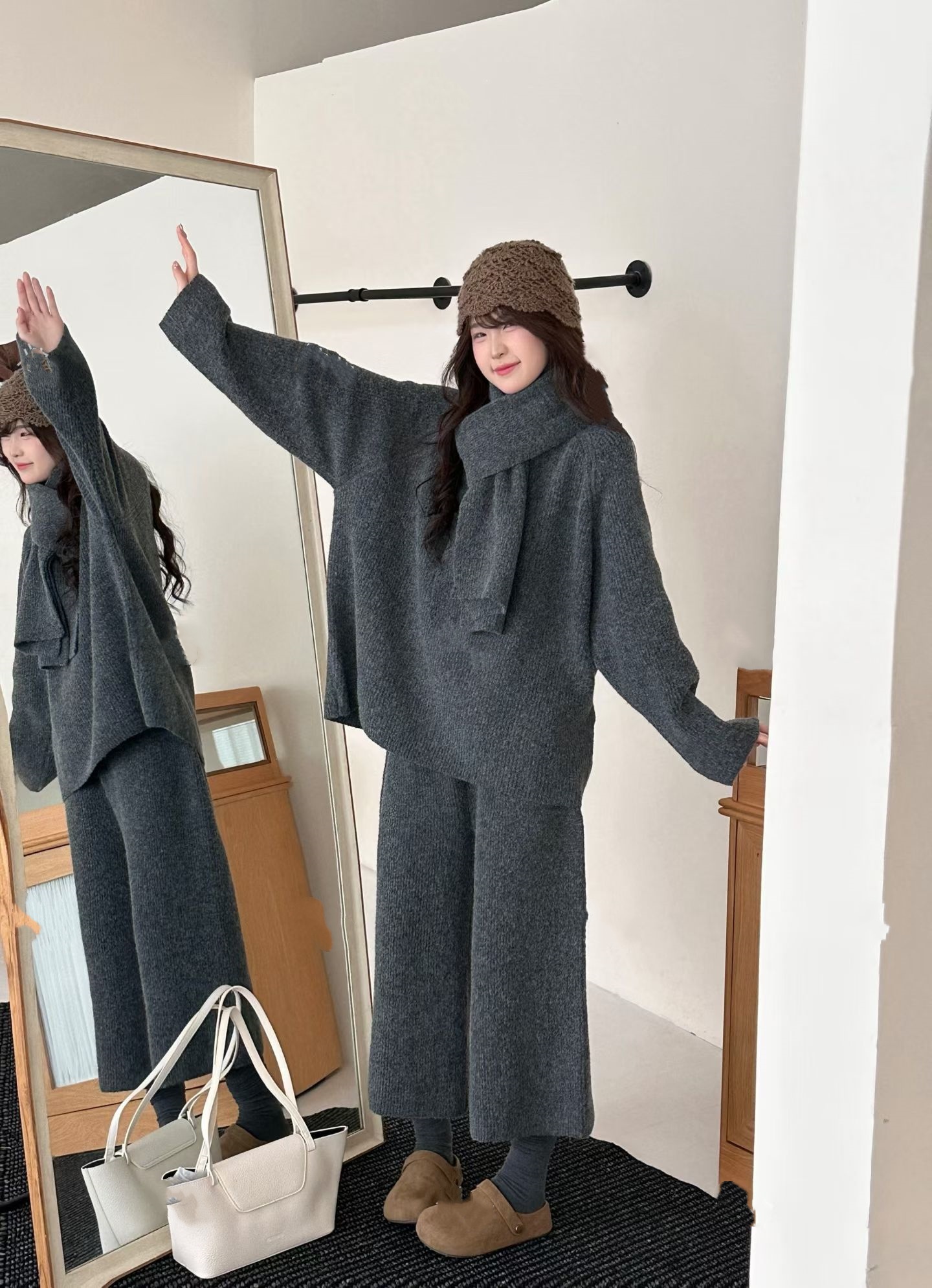 橘子家慵懒宽松长袖针织毛衣时尚百搭休闲裤围巾三件套秋冬新款