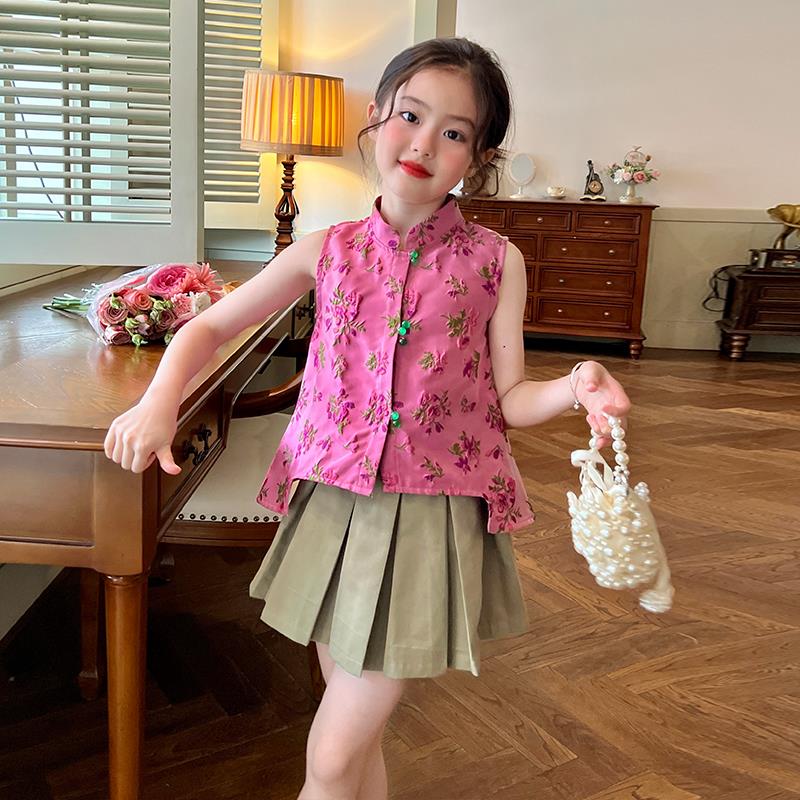 栀子成长记童装女童新中式套装新款儿童绣花上衣半身裙两件套
