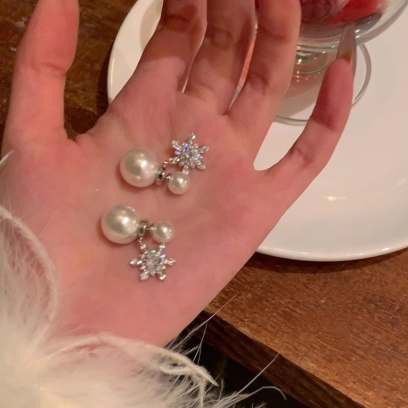 合金耳饰 34 后挂式雪花珍珠耳环女秋冬高级感新款2024爆款