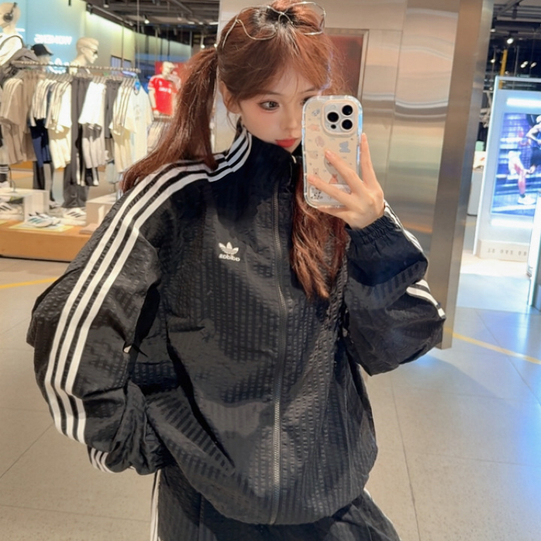 ADIDAS三叶草经典复古双拉链立领宽松夹克外套KC2605 KC2606