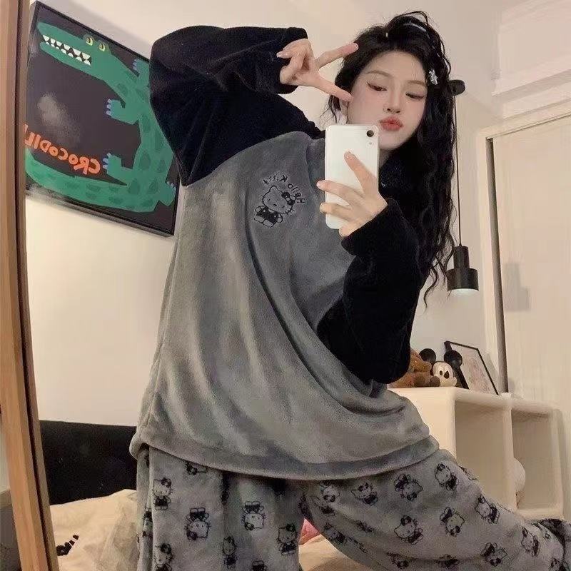法兰绒睡衣女生秋冬季加厚可爱hellokitty卡通网红风家居服两件套