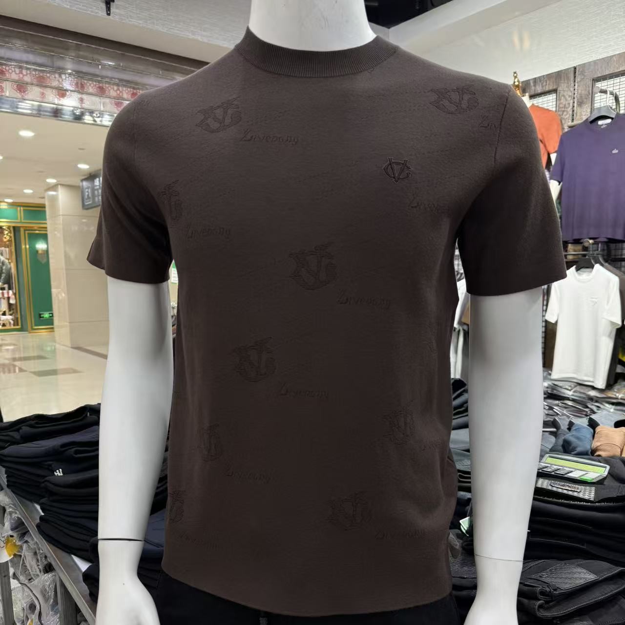 秋冬厚款针织针织衫男士提花修身针织T恤字母圆领套头短袖羊毛衫