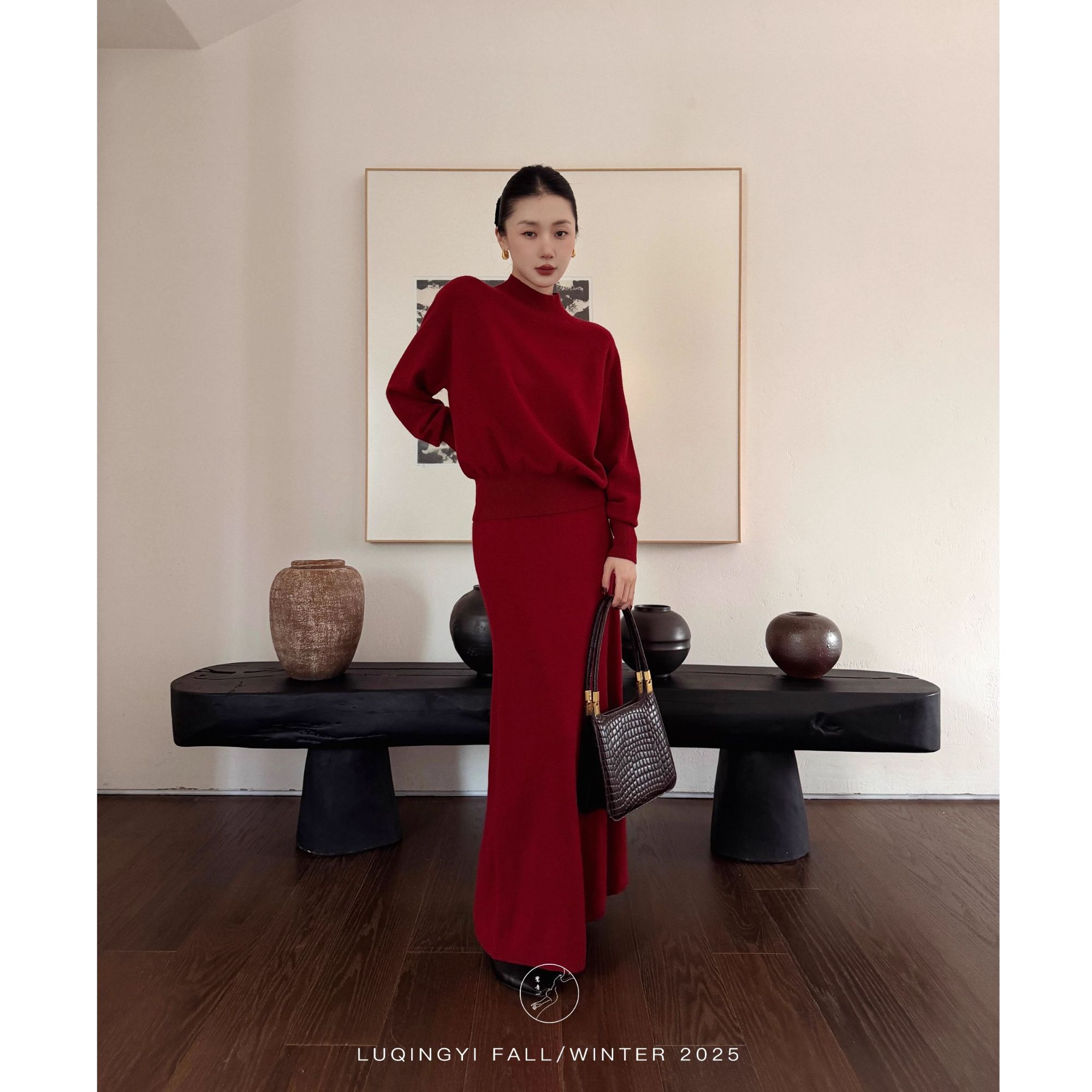 【期许】高领针织衫女冬宽松百搭半身裙套装