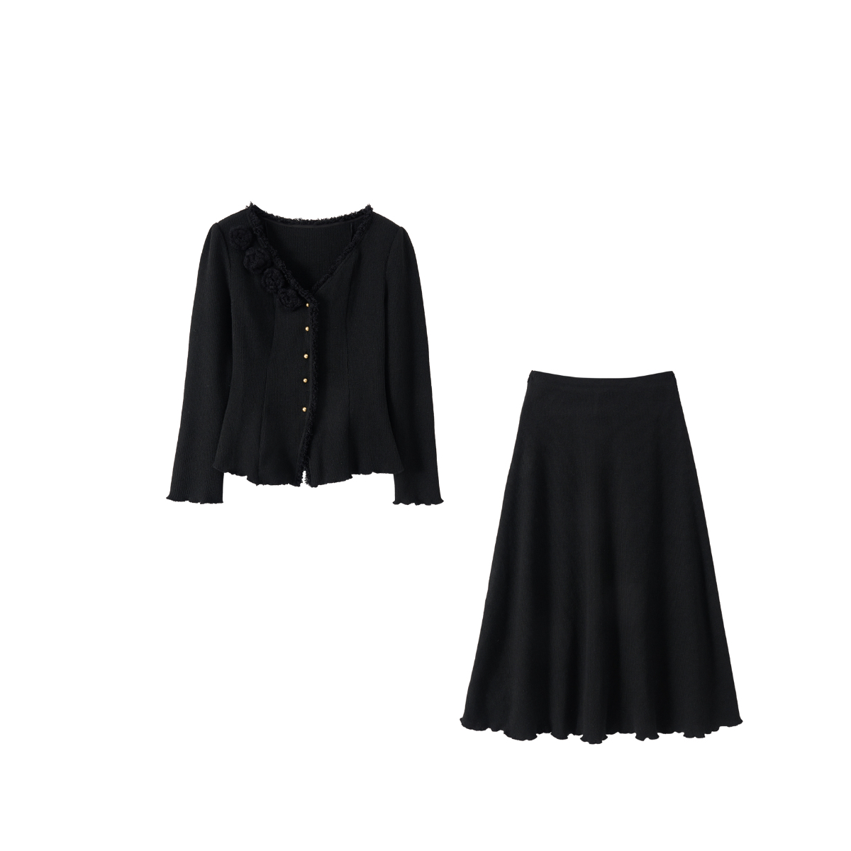黑色流苏边立体花朵针织衫半裙两件套小众百搭温柔风大码显瘦套装