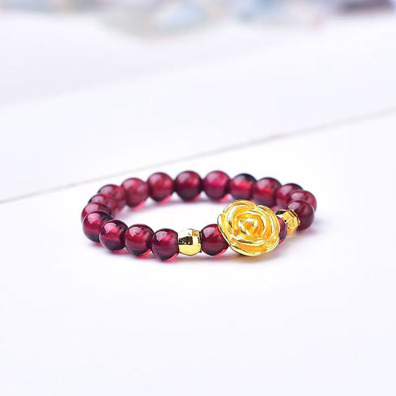 【黄金补贴】足金玫瑰花搭配石榴石戒指（带证书礼盒）