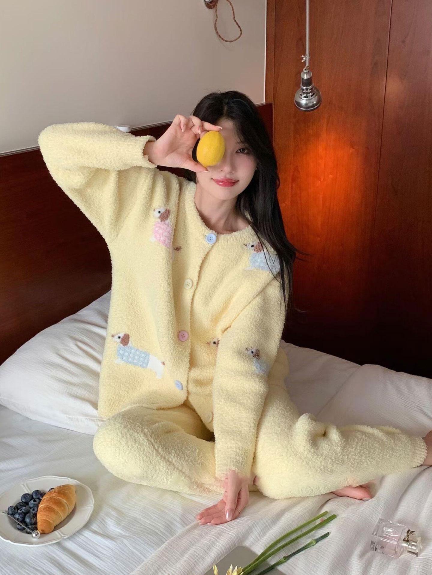 韩系卡通腊肠狗半边绒睡衣秋冬新款针织保暖加厚家居服套装可外穿