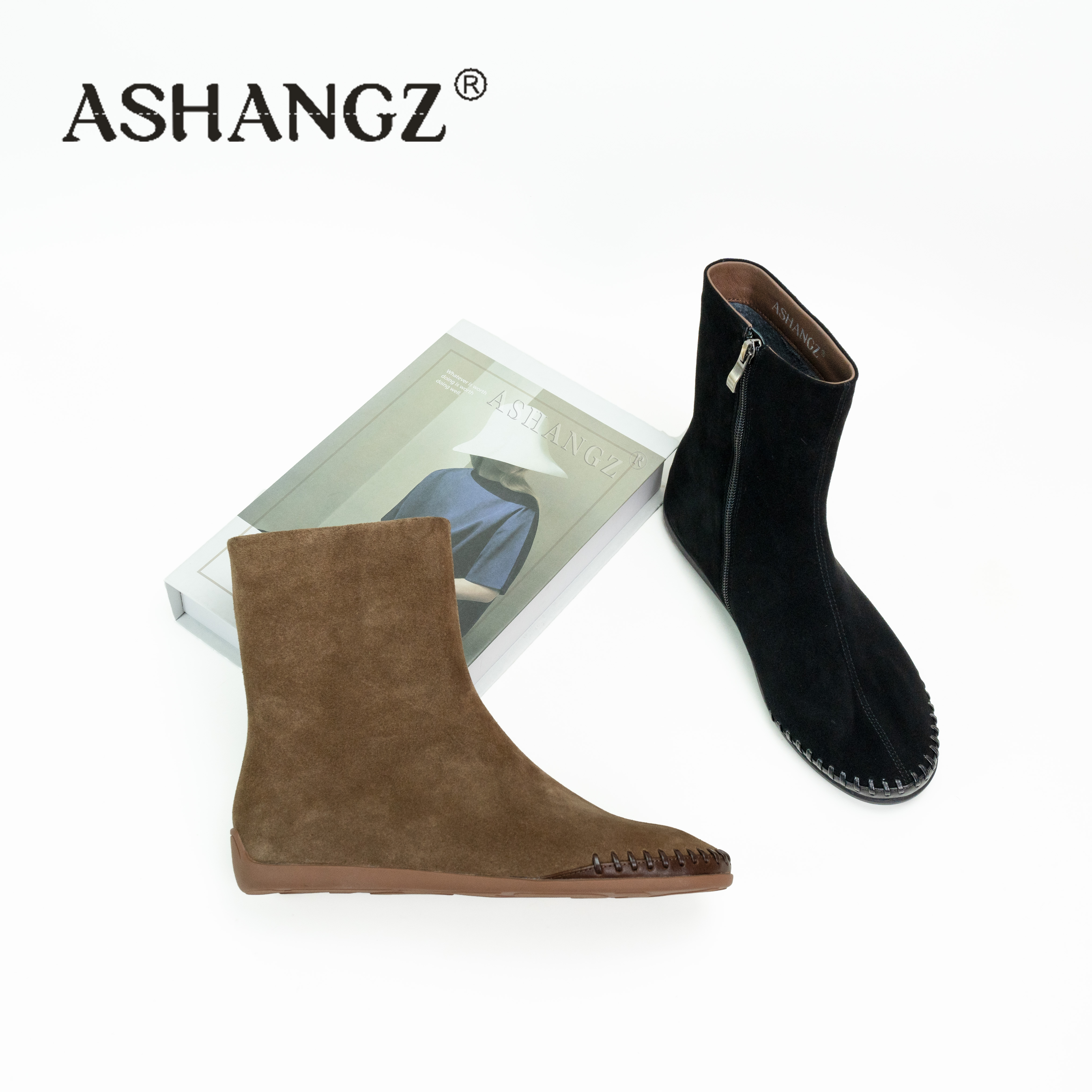 [艾尚周]平跟新款秋冬单靴中筒女款休闲翘头靴加绒