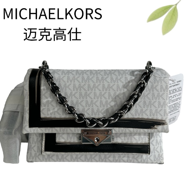 99新 MICHAEL KORS/迈克高仕 白老花拼黑手提包G25116900底23X16