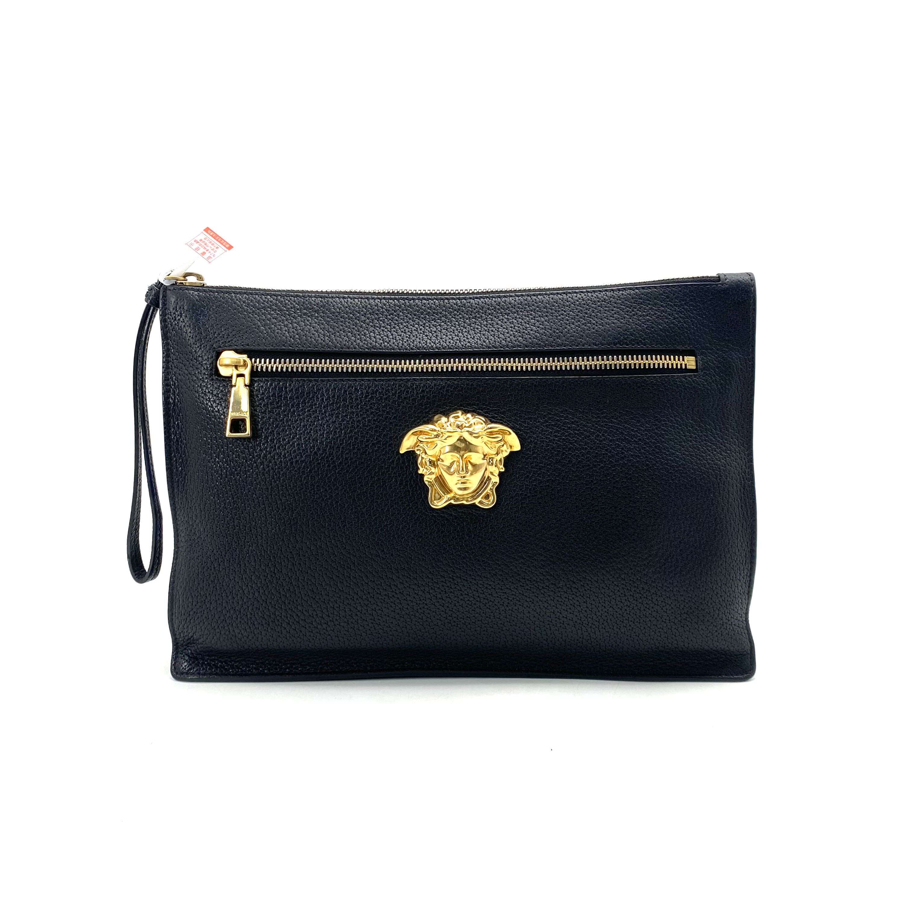 95新 VERSACE/范思哲 黑色全皮金扣手拿包 尺寸35/24 男士