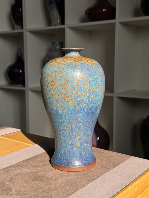 秦克文手作炉钧金斑釉花器手拉坯梅瓶钧窑摆件