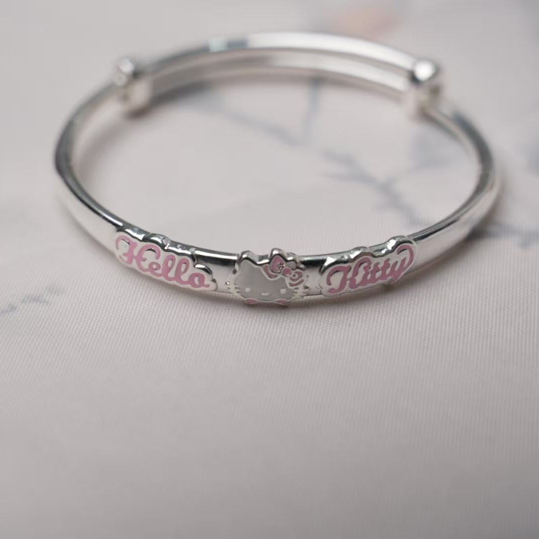 足银手镯 足银999.9Kitty猫实心可调节简约百搭经典儿童推拉手镯