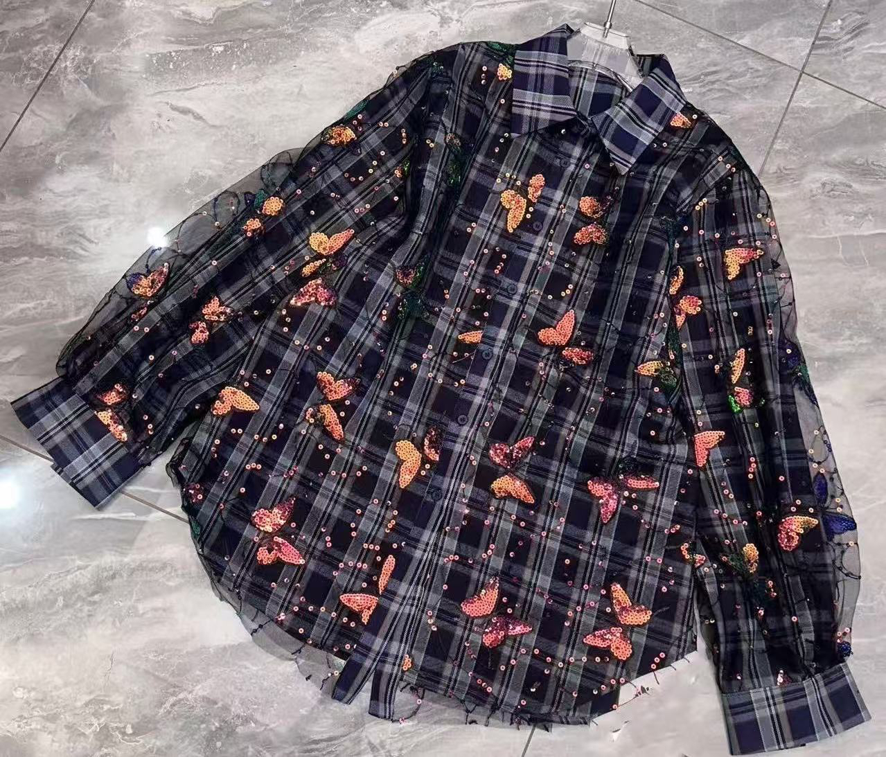 【伊柜精选】南油欧货女装亮片蝴蝶外纱网格子衬衫宽松大版百搭