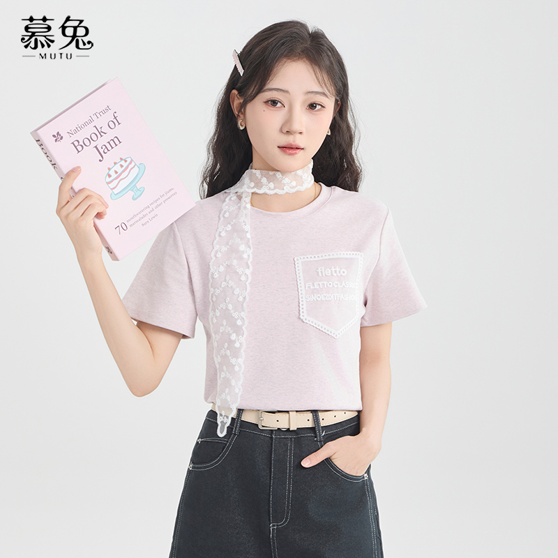 慕兔韩版正肩圆领短袖t恤女2025新款春季配丝巾宽松显瘦短款上衣