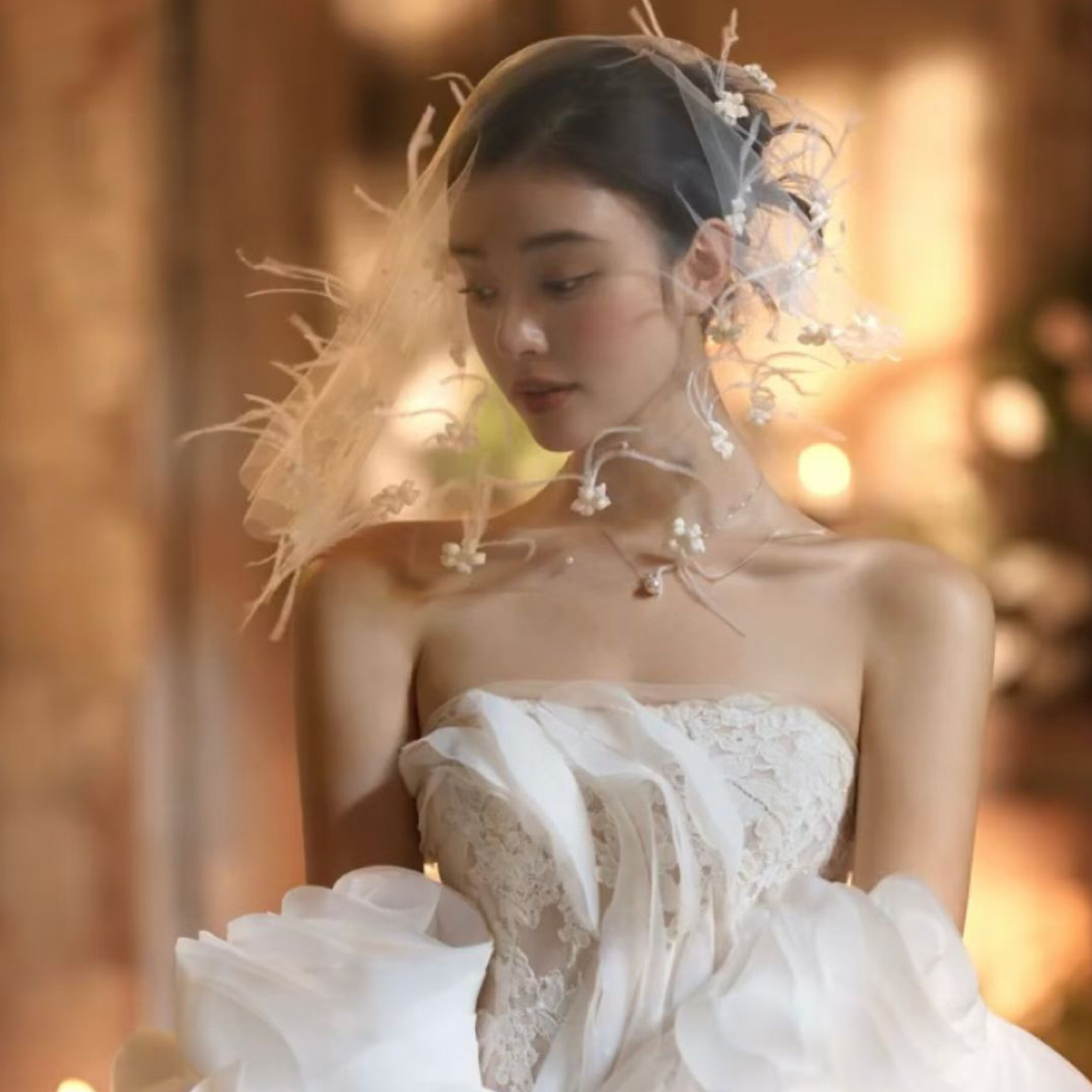 仙气遮面纱花朵羽毛小头纱高级感新娘造型头饰外景拍照配饰品0012