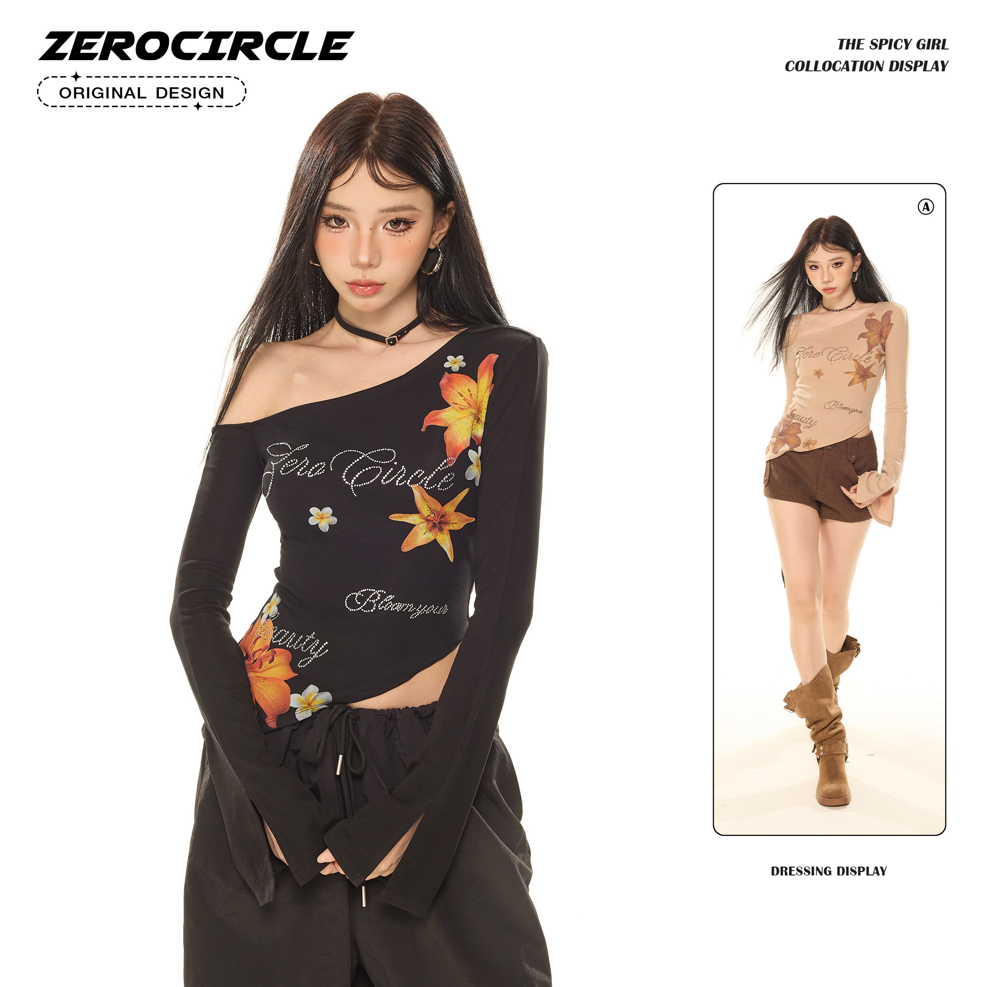 野生zero 花朵斜肩微喇袖T恤T29572E51