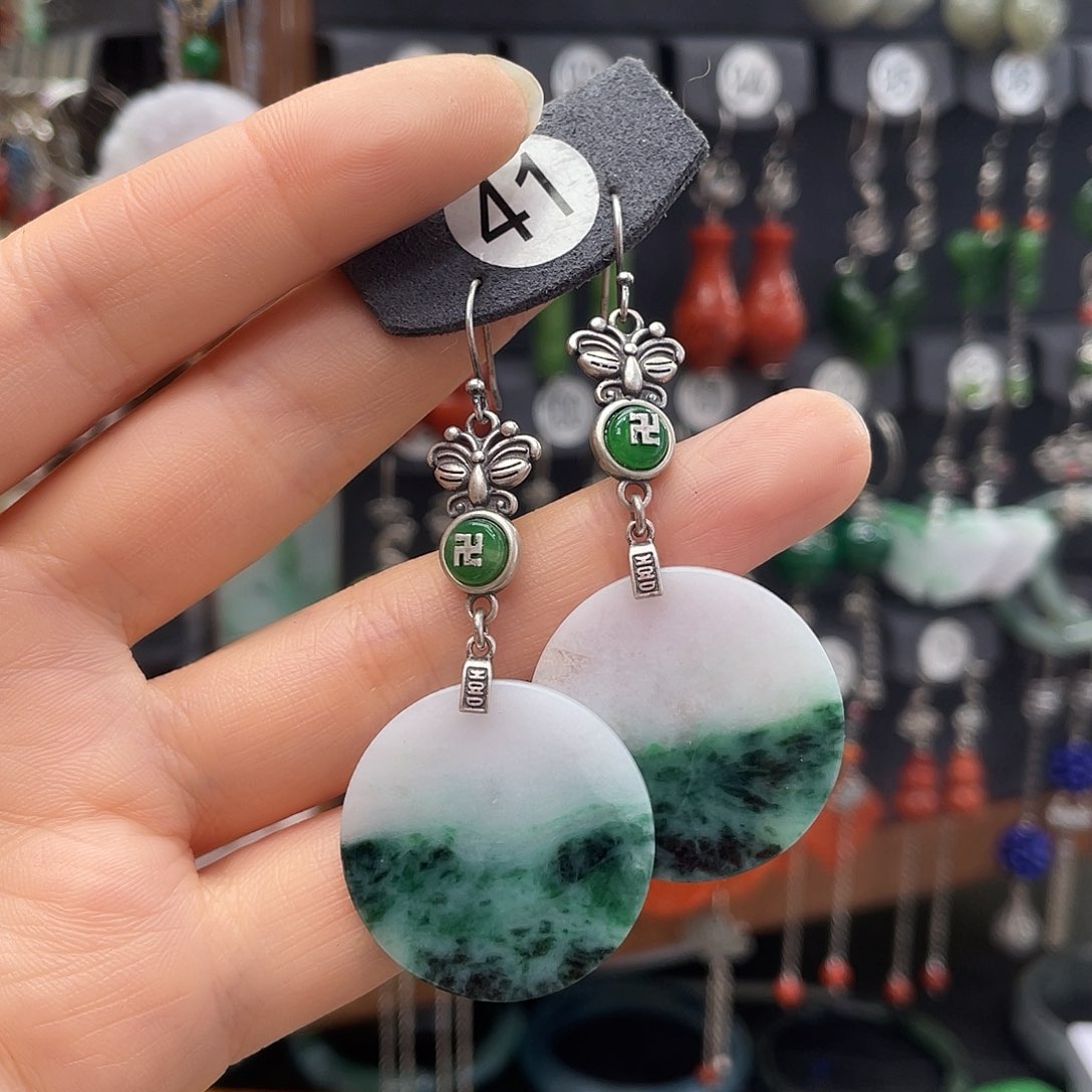 翡翠耳饰银S925镶嵌家***@593yhjhhk