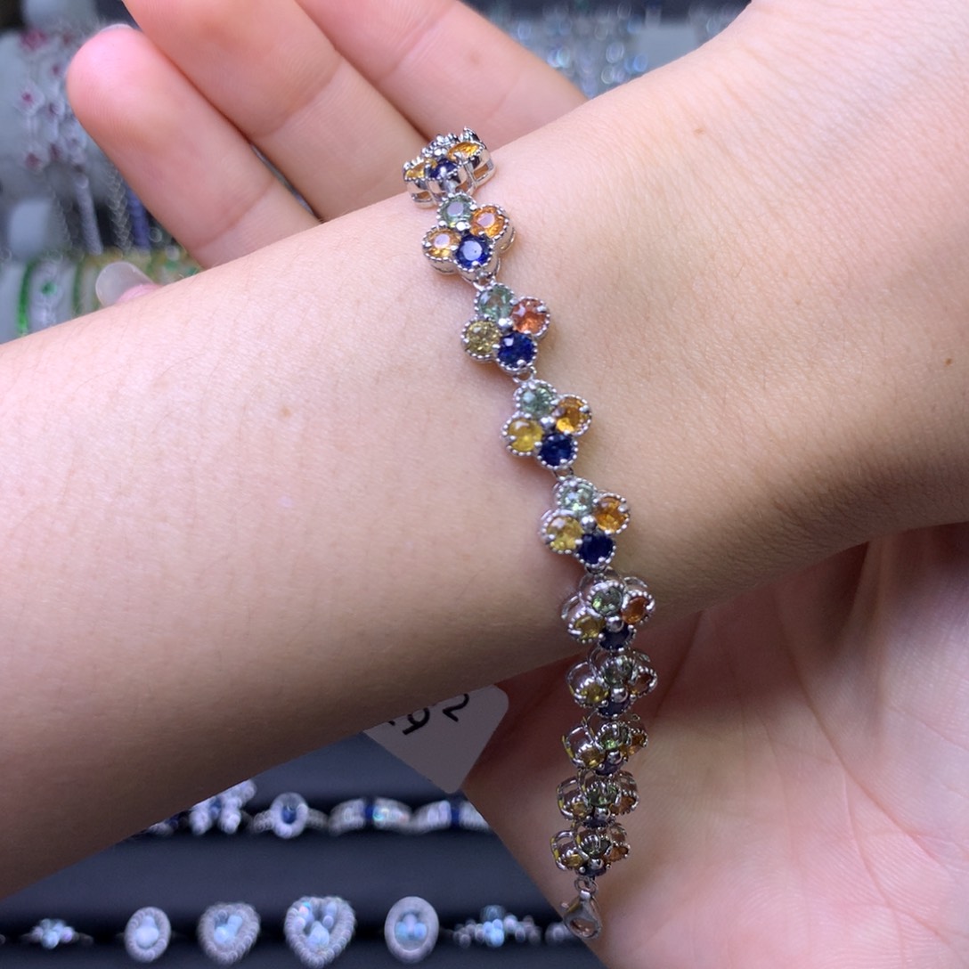 彩色蓝宝石手链银S925镶嵌