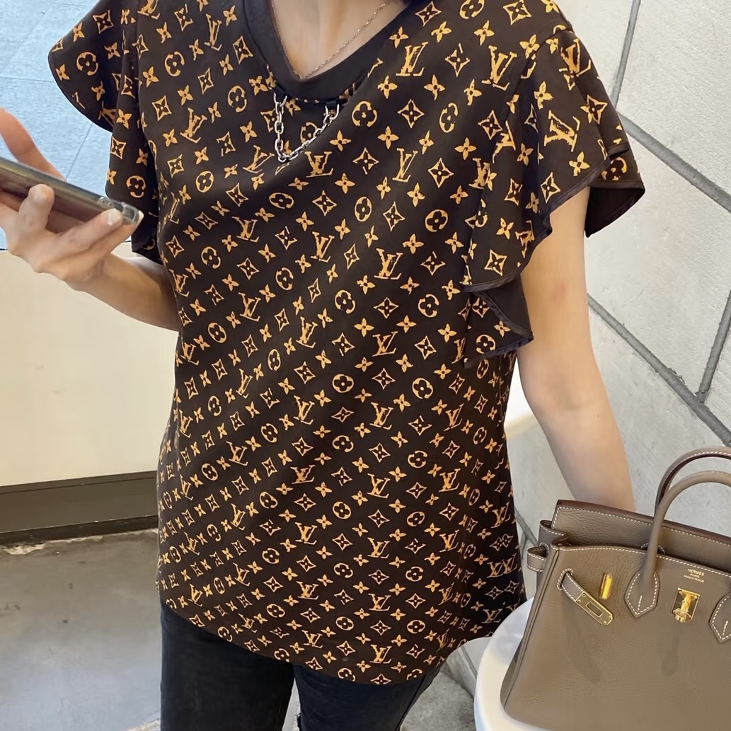 99新 LouisVuitton/路易威登 老花满印链条荷叶边短袖/L码