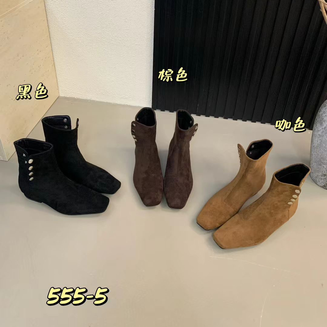 555-5秋冬新款绒面粗跟短靴2025爆款时尚百搭瘦瘦靴棕色皮鞋女靴