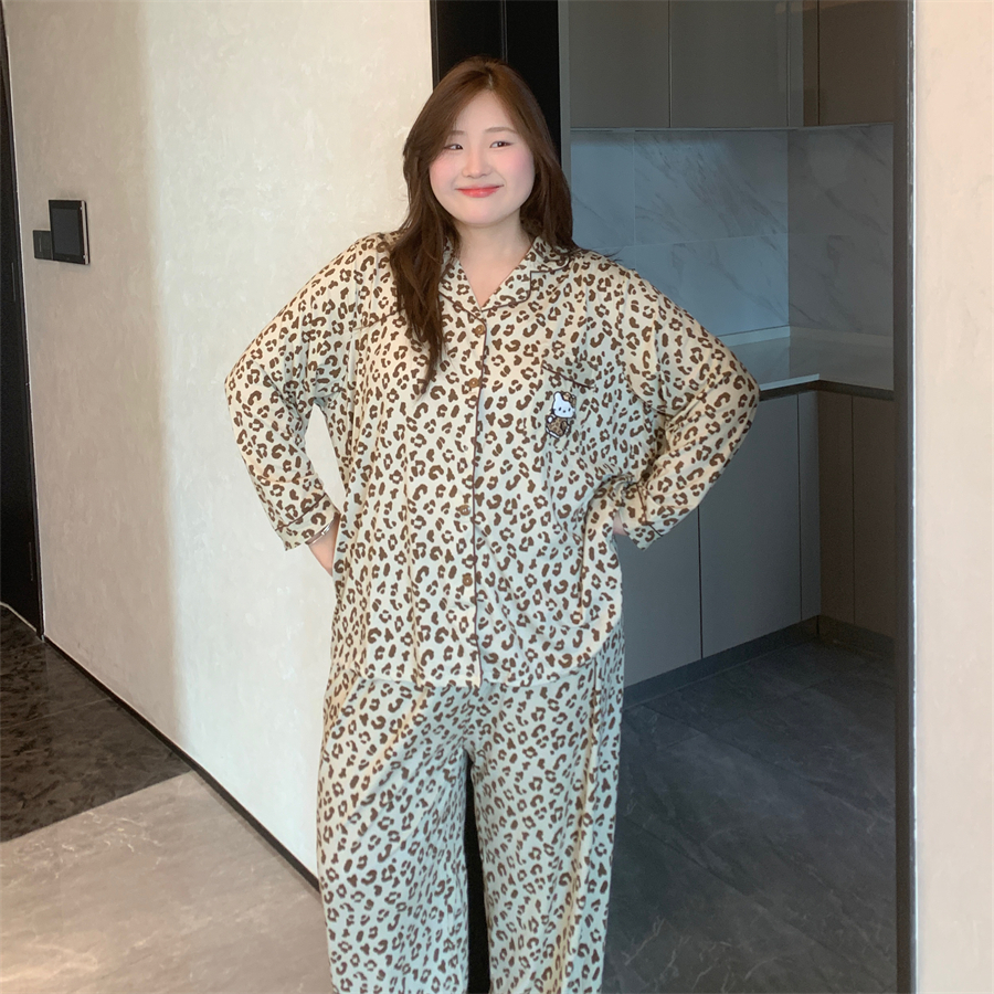大码胖MM200斤秋季长袖长裤治愈系豹纹KT居家宽松ins睡衣