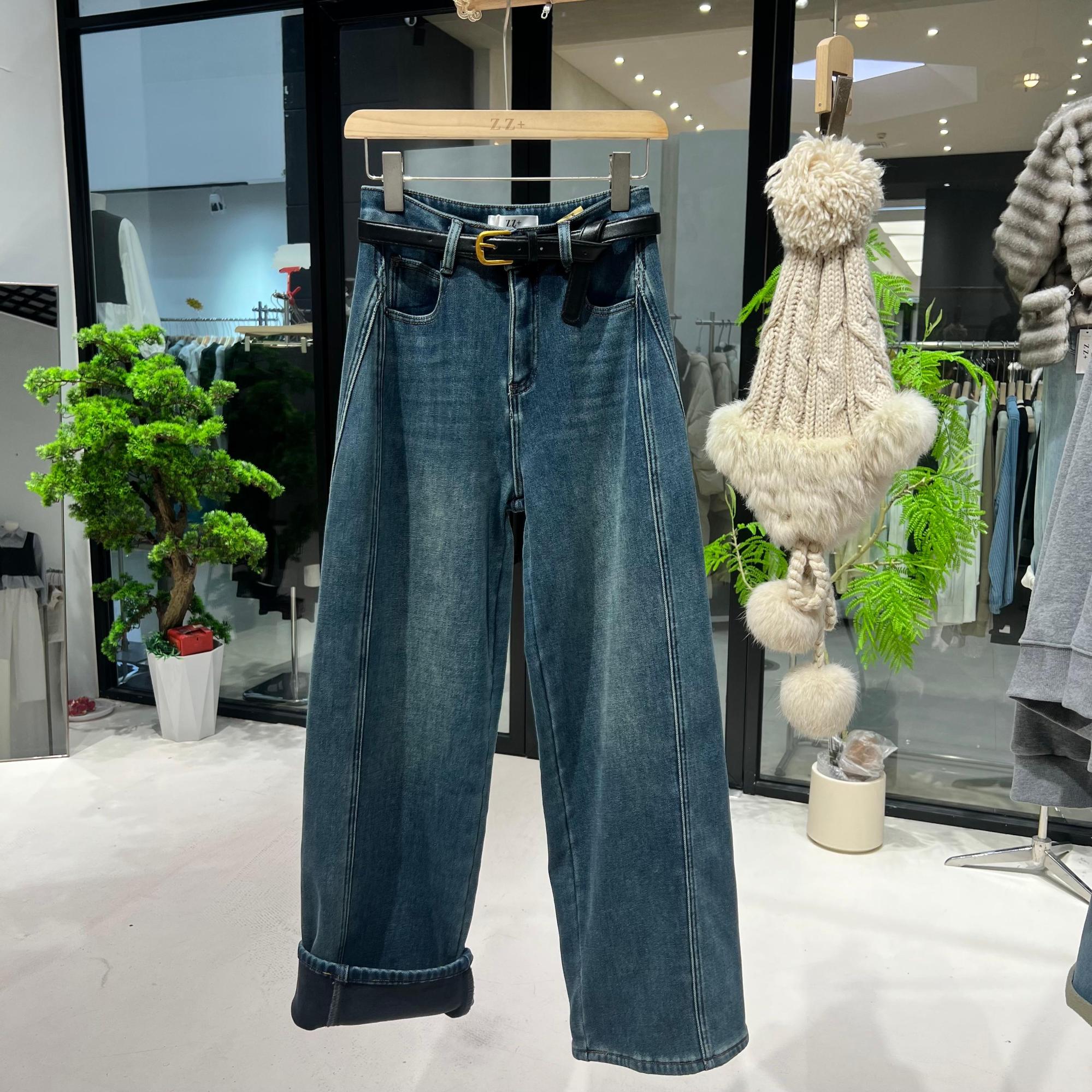 8436东大门冬款复古港风加绒百搭显瘦弹力弯刀牛仔裤