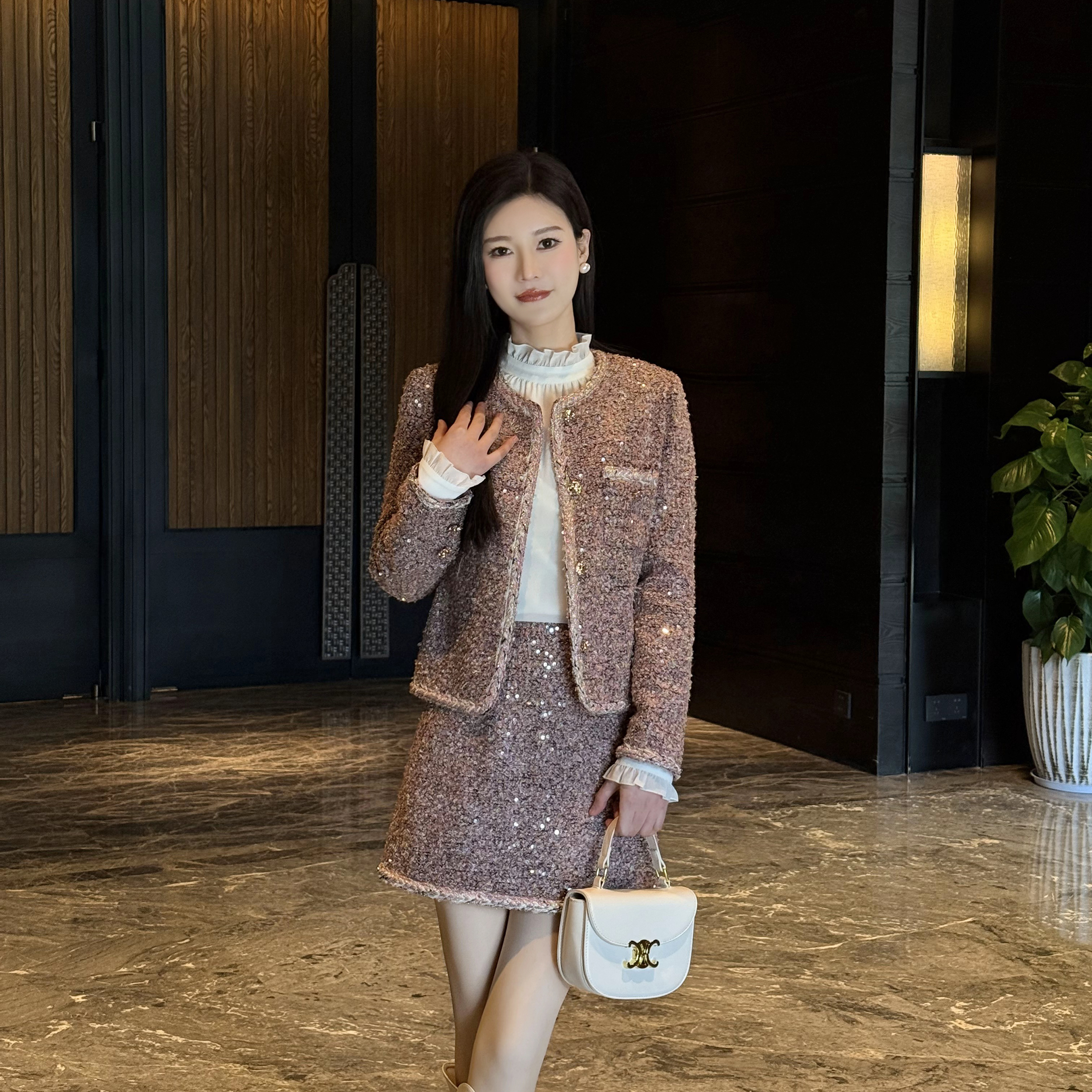 慧慧【万镜花海】紫色亮片小香风套装2025春季新款高级时尚显白外套