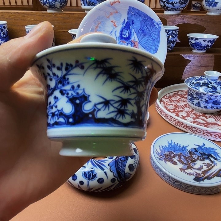 7***猫元青花手工手绘盖碗