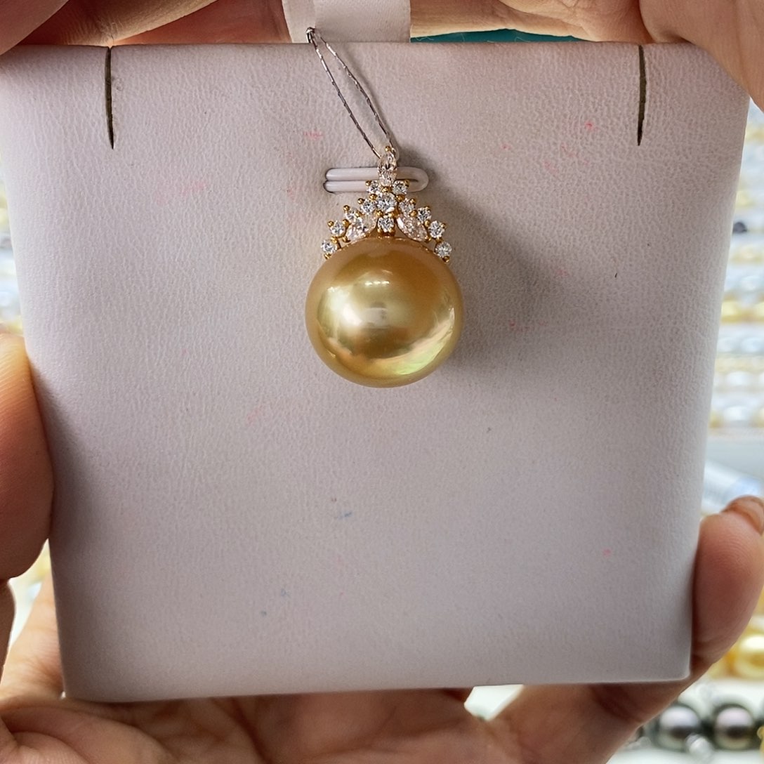 海水珍珠吊坠(不含链)18K金镶嵌金珠冰雪16-17mm