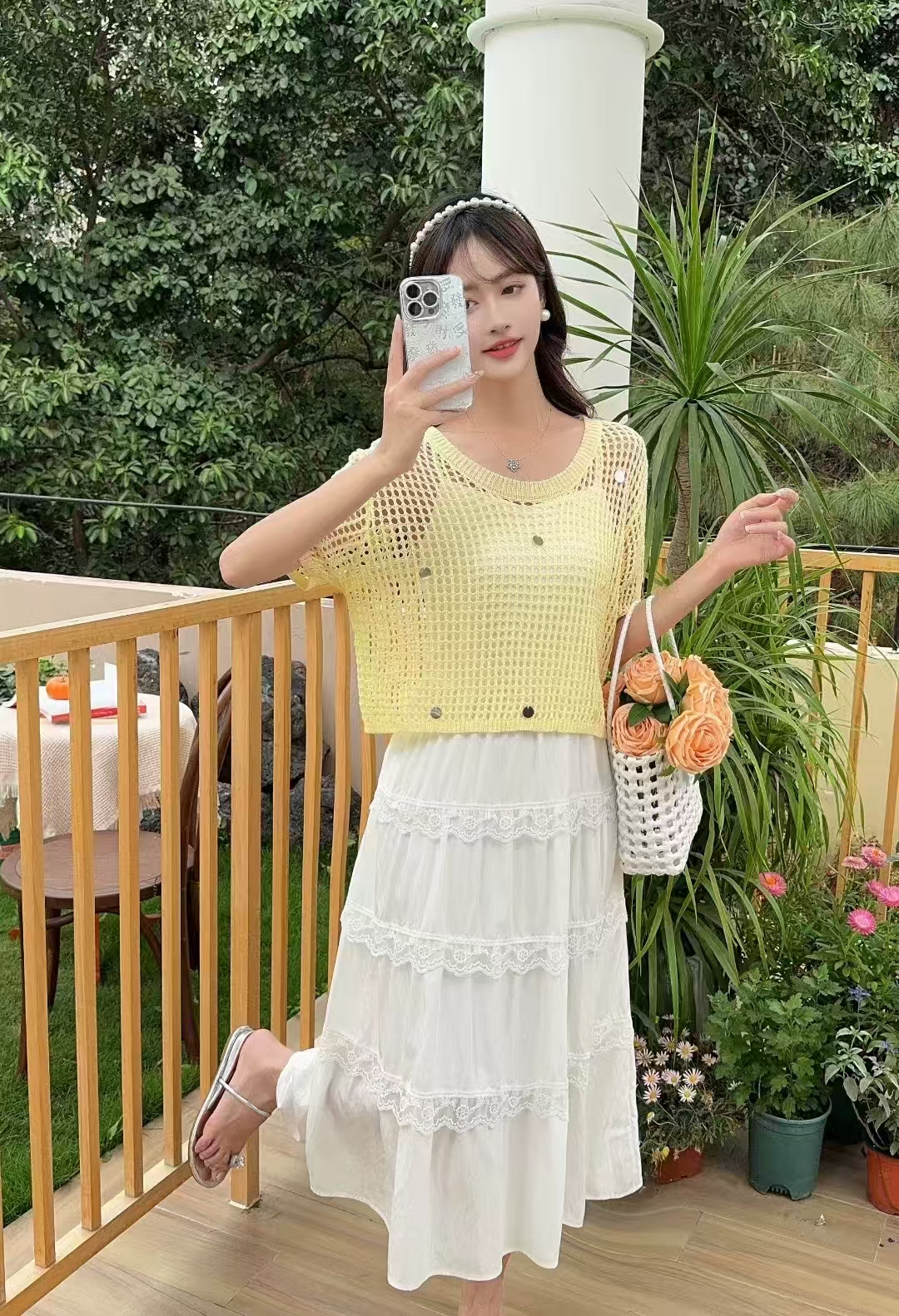 2025连衣裙新款时尚亮片针织镂空两件套罩衫吊带超仙温柔两件套装