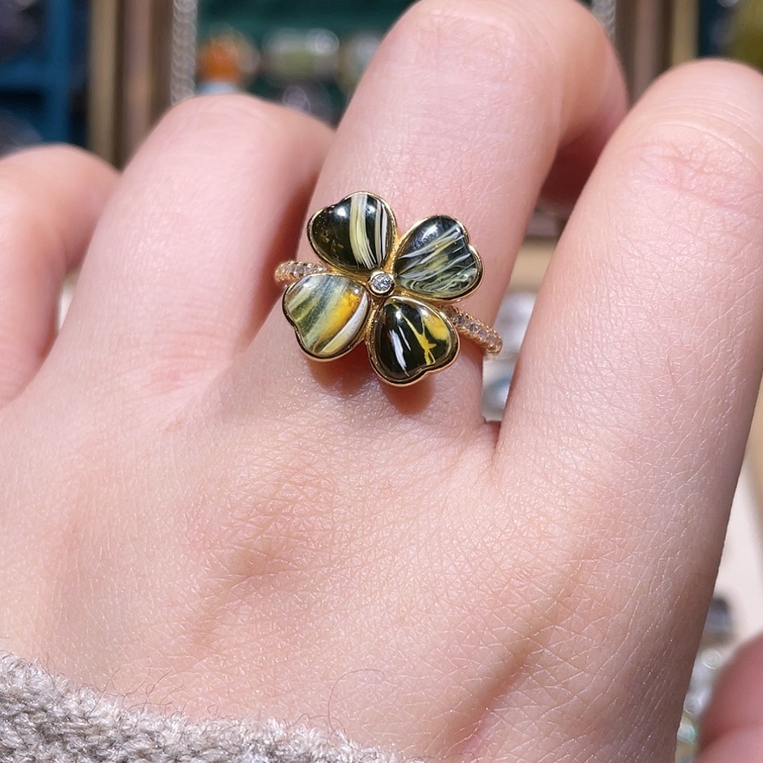 琥珀银S925镀金镶嵌戒指戒指