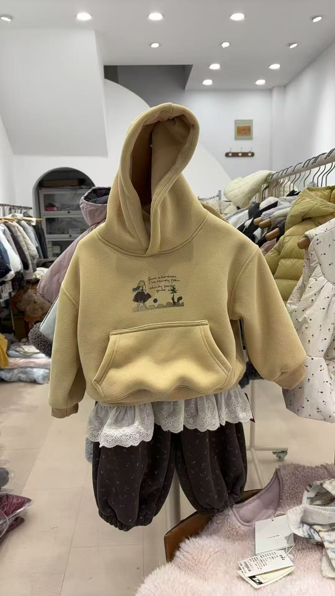 田园风下摆花边小童套装时尚宝宝连帽女童女裤子俏皮儿童加绒秋冬