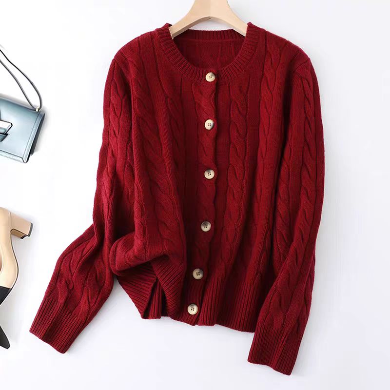 女式绞花加厚款纯色圆领100绵羊毛衫24598