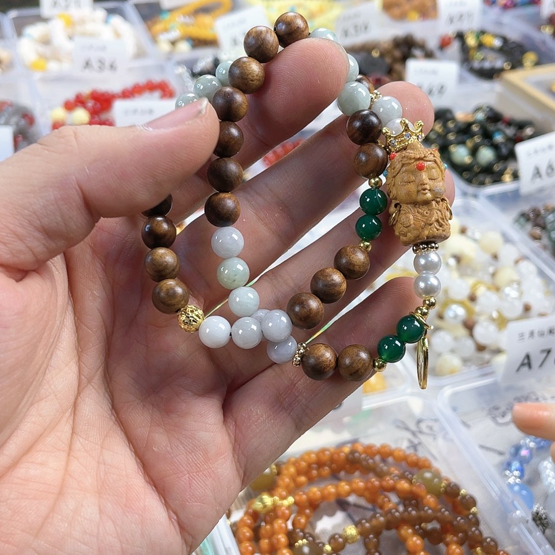 檀香木手串银S925镀金镶嵌