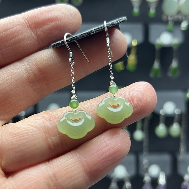 和田玉耳饰银S925镶嵌