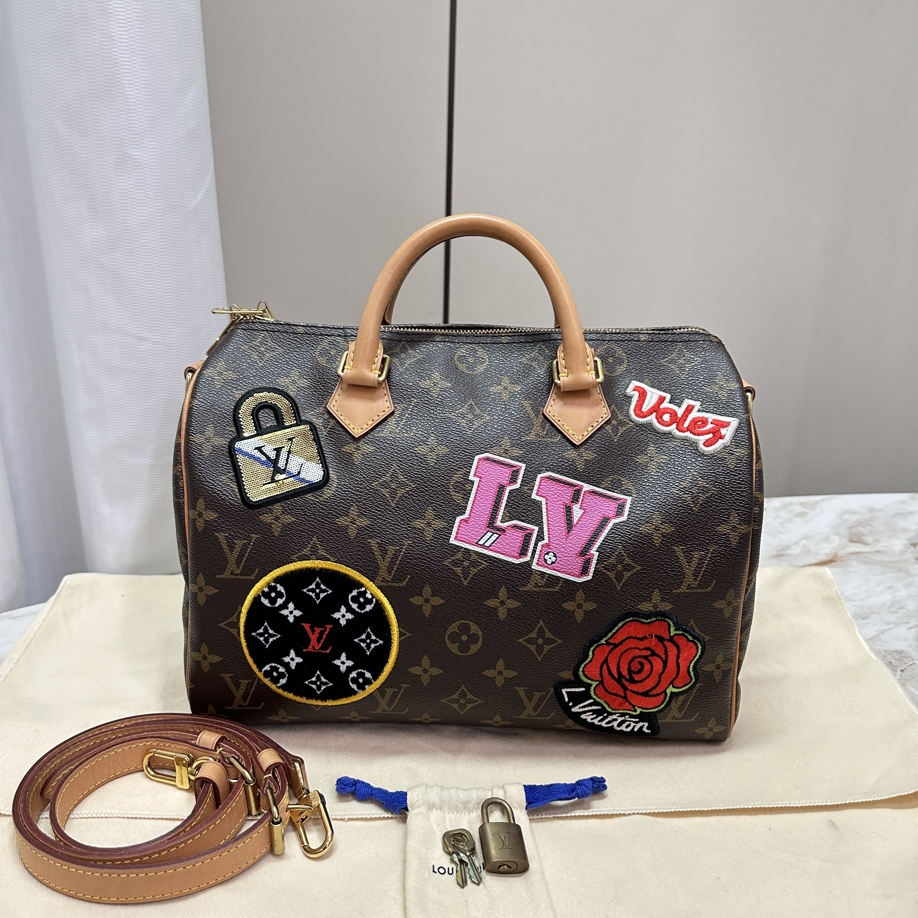 95新 LouisVuitton/路易威登 经典老花徽章speedy30单肩包 52880