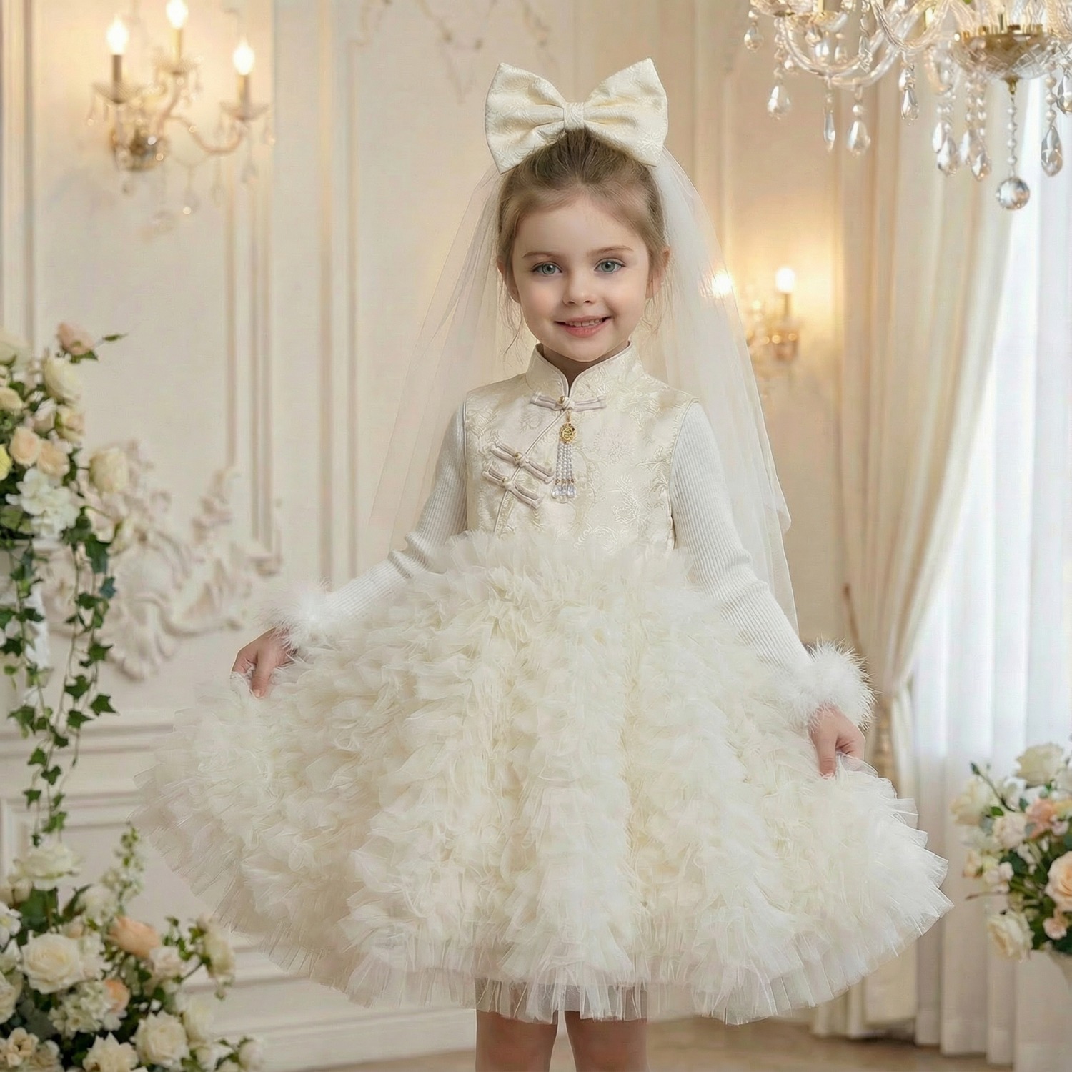 【嫡长女】甜汐·25冬~亮光绣带头纱大蝴蝶结纱裙86697（童装汉服）