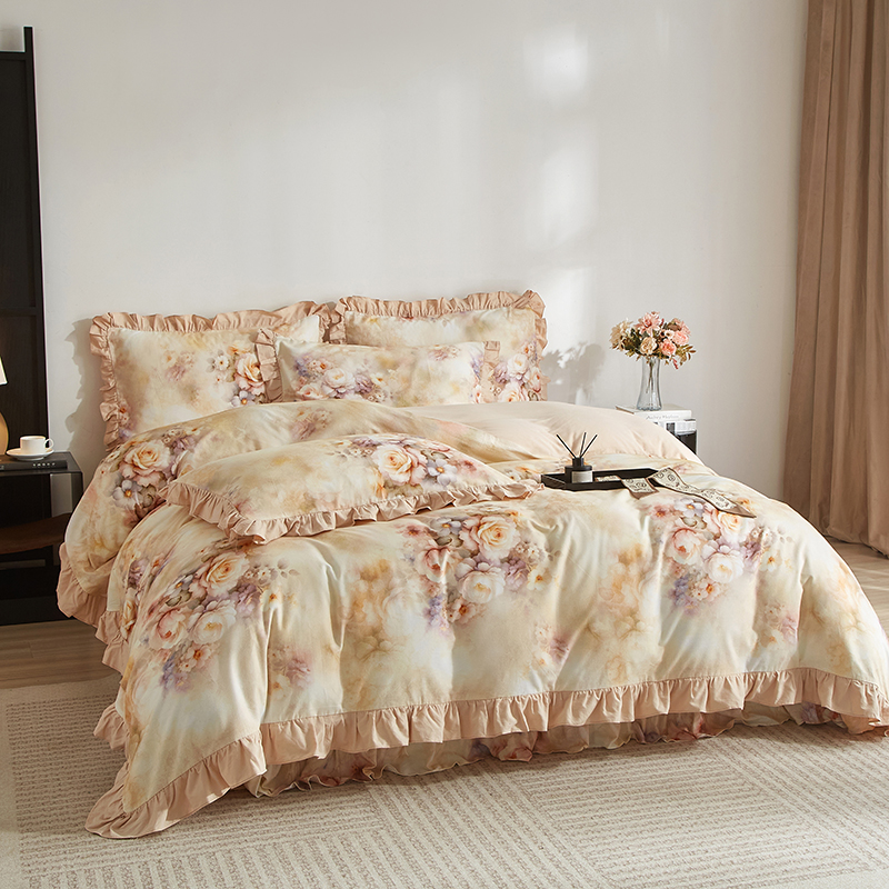 100%纯棉加厚清新数码印花家纺床上用品全棉韩版大花边床裙四件套