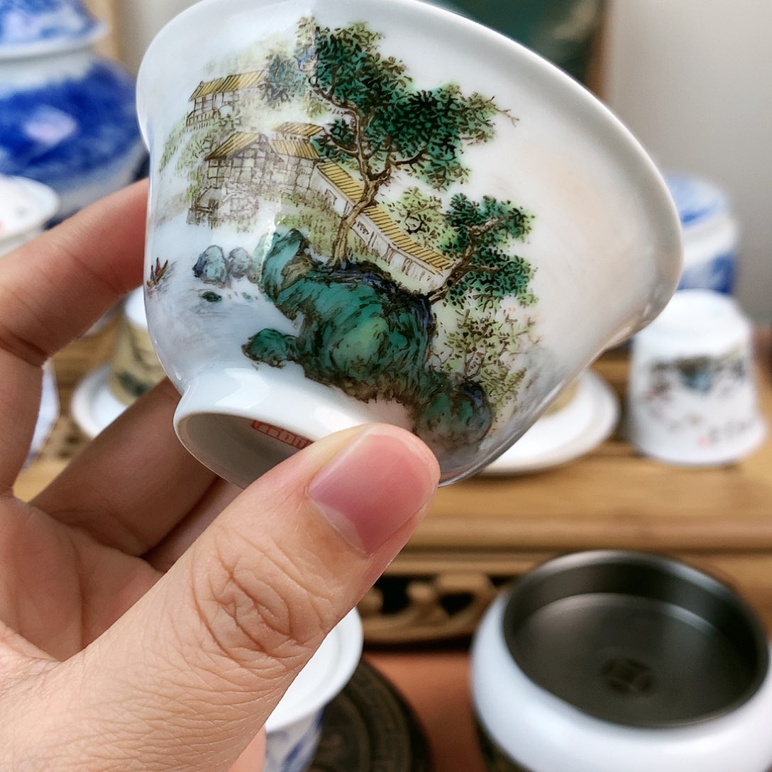 粉彩山水手工主人杯