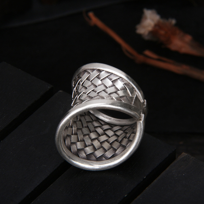 925银戒指 百搭休闲时尚菱格纹戒指复古个性指环做旧银戒银制品