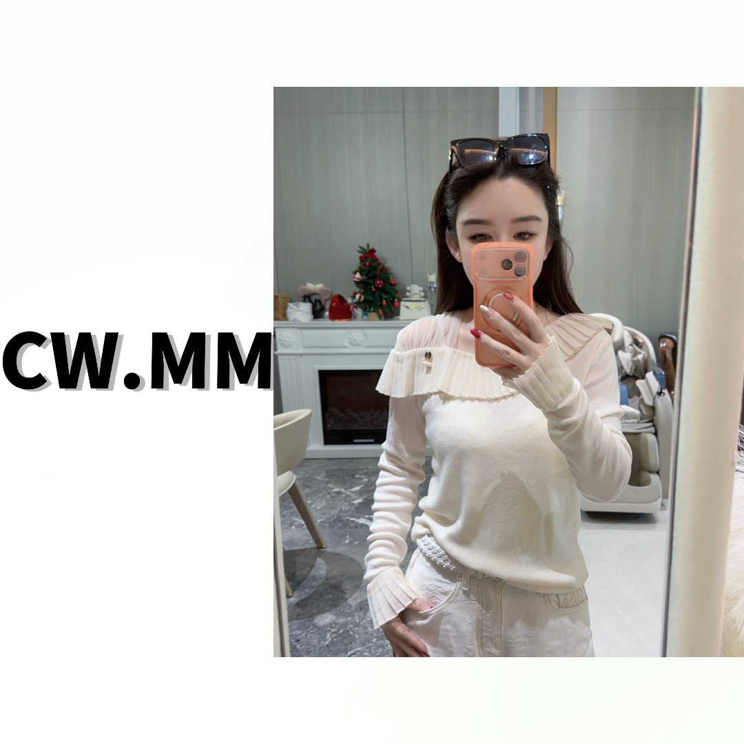 CW.MM 【柔光铃兰】洋气斜肩拼接百搭毛衣上衣
