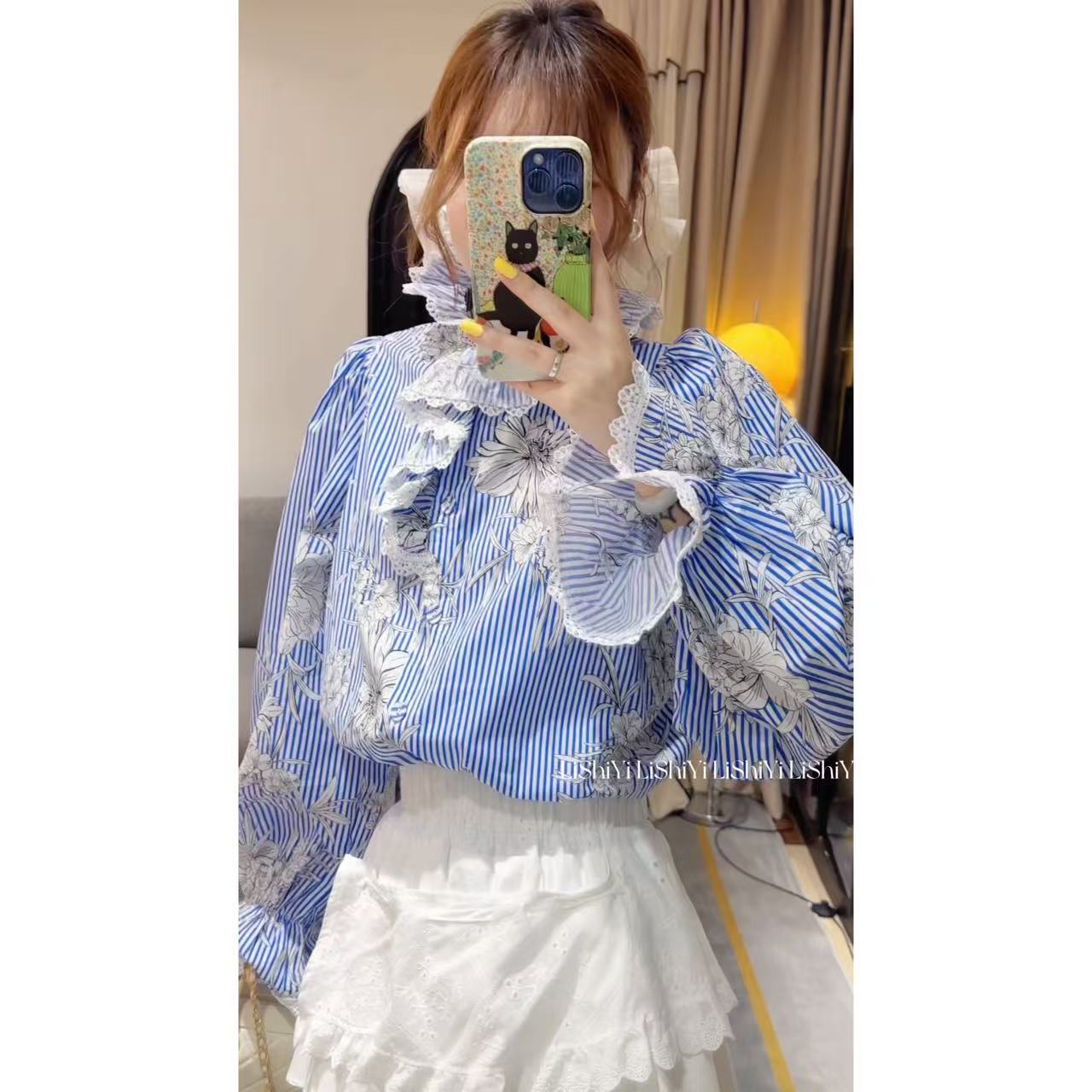 【李十一LISHIYI】花边蕾丝拼接印花条纹衬衫 6095