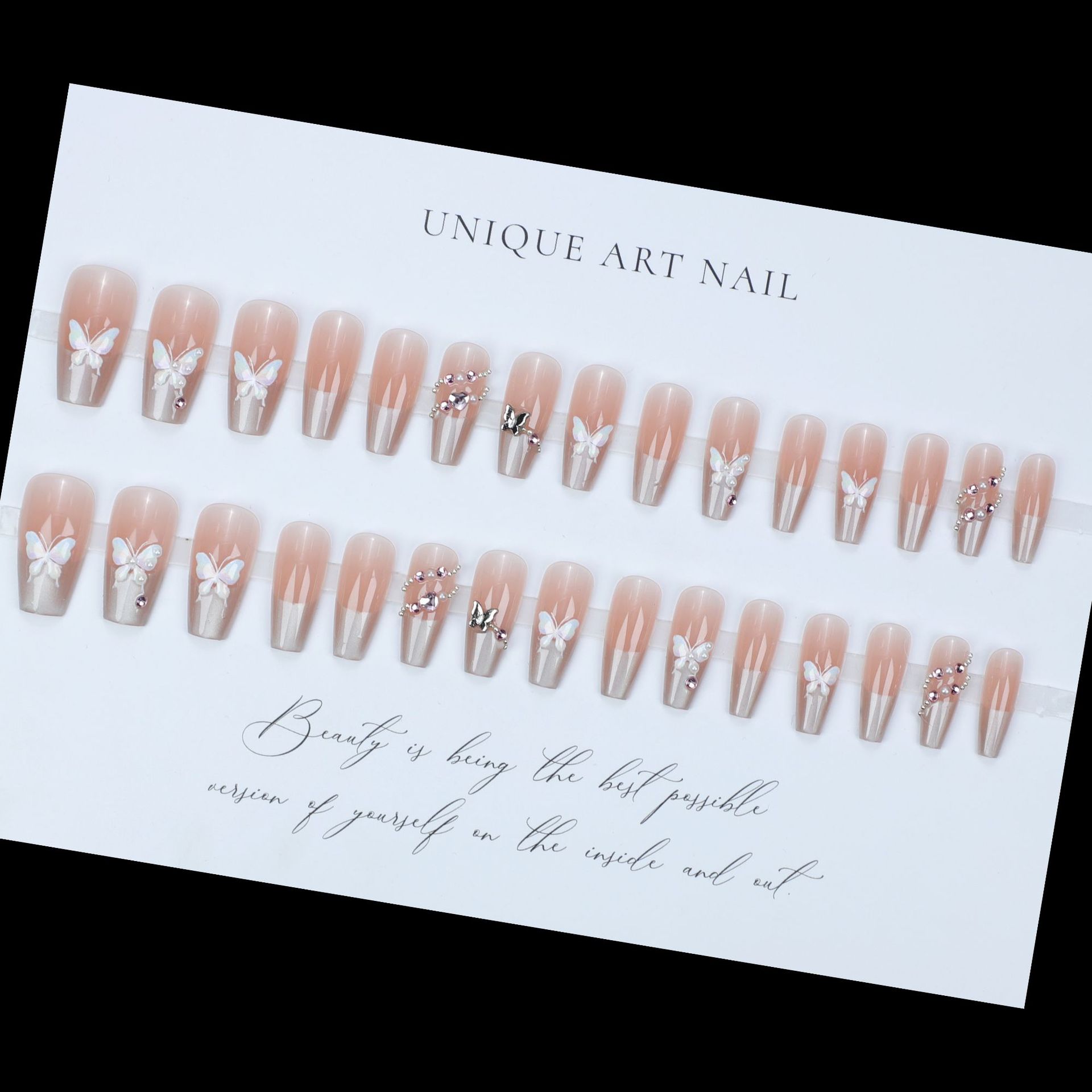 889-镜月蝶法式猫眼美甲2025夏季新款时尚粉色蝴蝶钻穿戴甲指甲贴