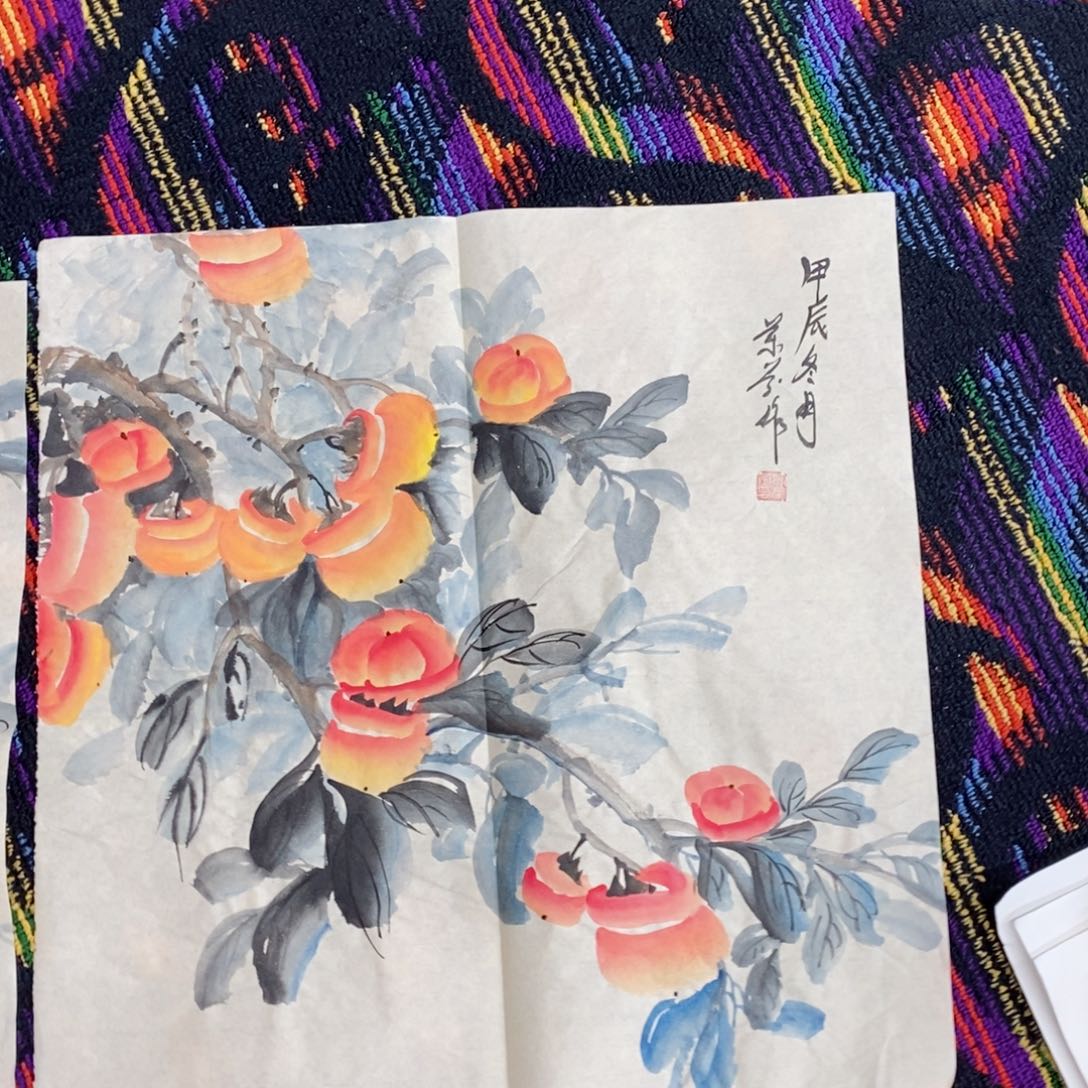 国画流*斗方柿子花鸟