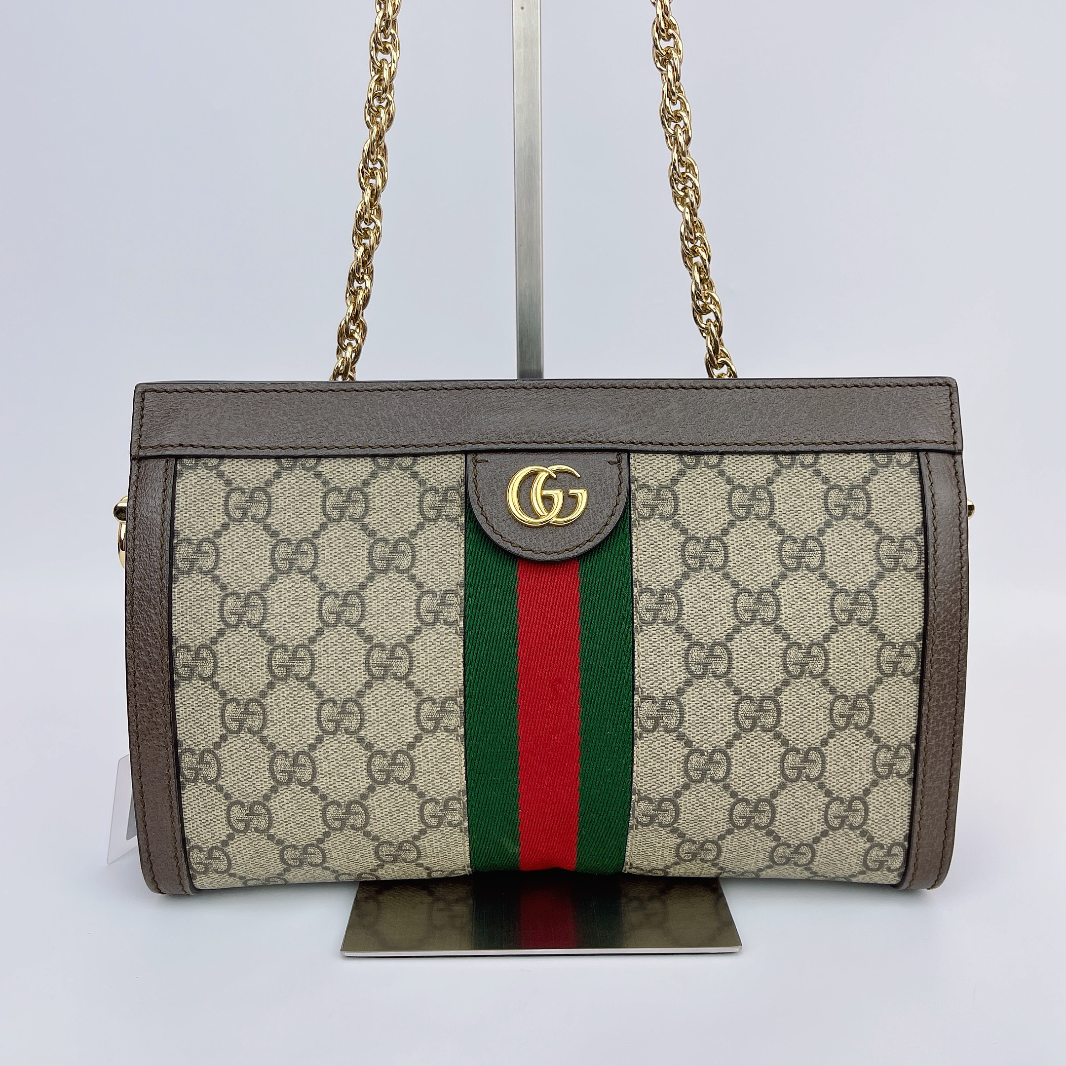 95新 GUCCI/古驰 古驰 棕色老花夹子斜挎包底长26 L974