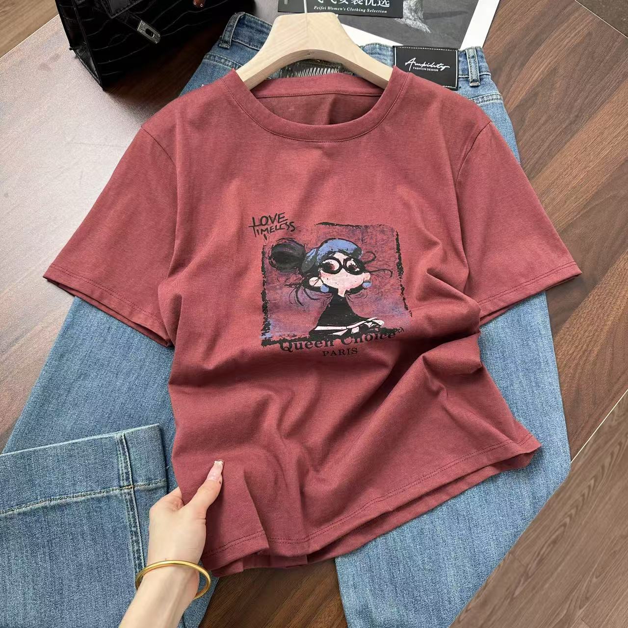 眼镜女孩~好软糯好舒服棉T！洋气显白夏季针织衫Y7219红