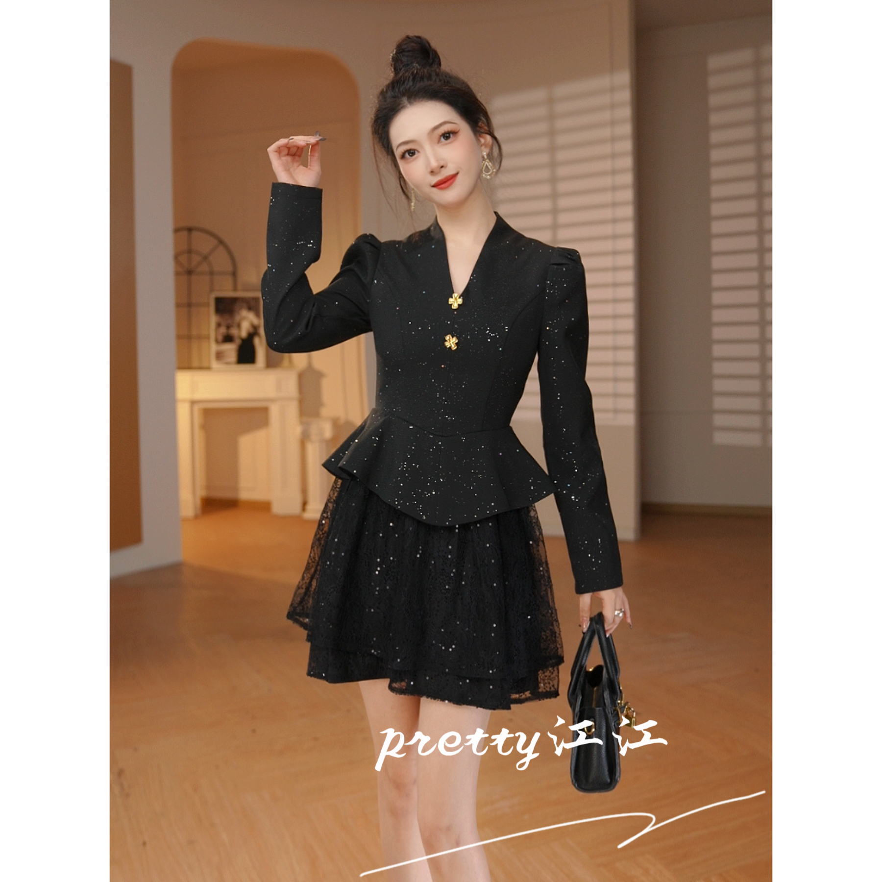 Pretty小众设计师品牌江江定制  气质修身时尚蕾丝v领连衣裙9152
