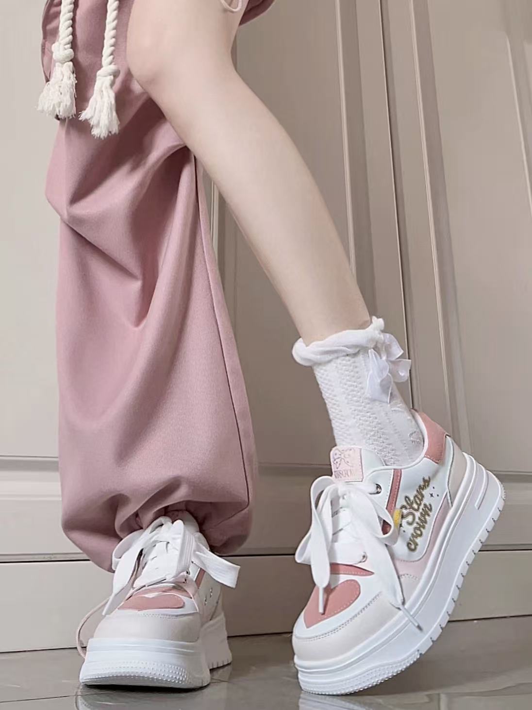 A1998圆头休闲板鞋松糕底小个子休闲胶粘外穿厚底百搭平跟